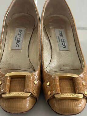Vintage Jimmy Choo London Pumps Size 37 Tan Croc Leather Gold Hardware Block Hee
